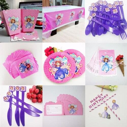 Sofia Princess Party Supplies Napkins CandlesTablecloth Plates Cup Knives And Forks Spoon seal Popcorn Birthday Party Decoration