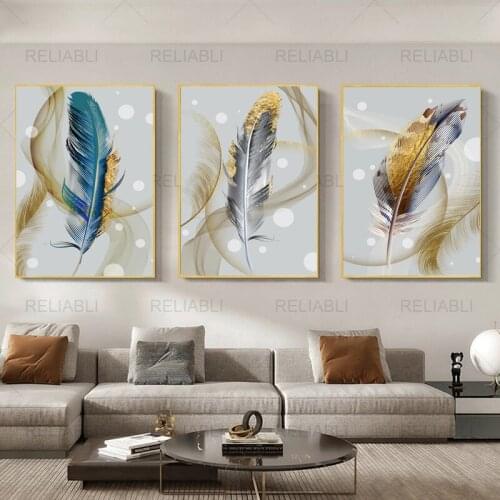 Modern Abstract Gold Foil Feather Canvas Poster Print Golden Wall Art Paintings Decoration Pictures for Living Room Home Decor