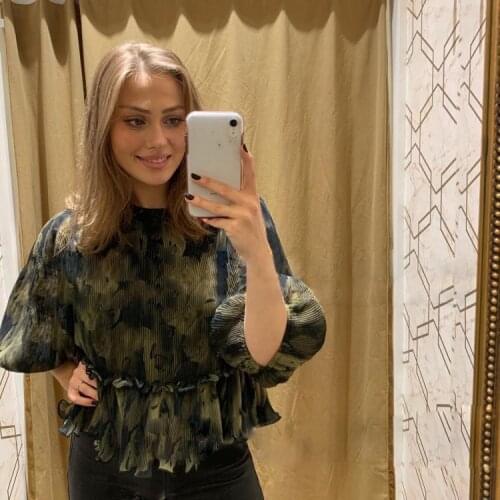 2021 Ladies Ink Painting Pleated Puff Sleeves Ruffle Blouse Shirt Top