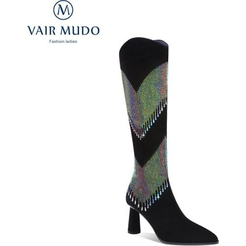 VAIR MUDO Women Boots Shoes High Heels Knee-High Kid Suede Pointed Toe Genuien Leather Elegant Fashion Pointed Toe BootWM-X278-C
