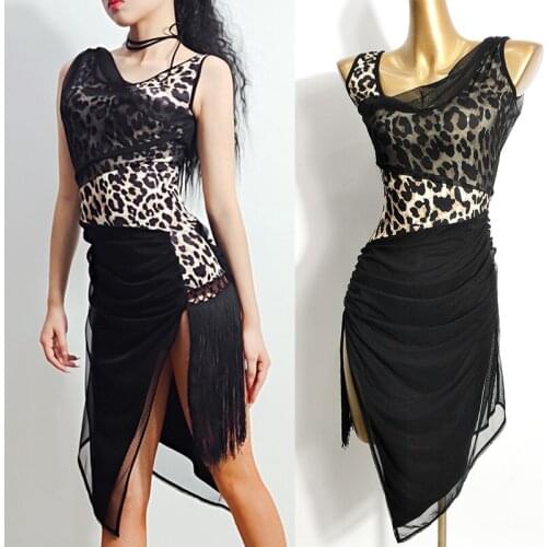 Latin Dance Dress Summer Womens Fringed Dance Wear Sleeveless Practice Clothes Leopard Dress Latino Rumba Tango Dancing Costume