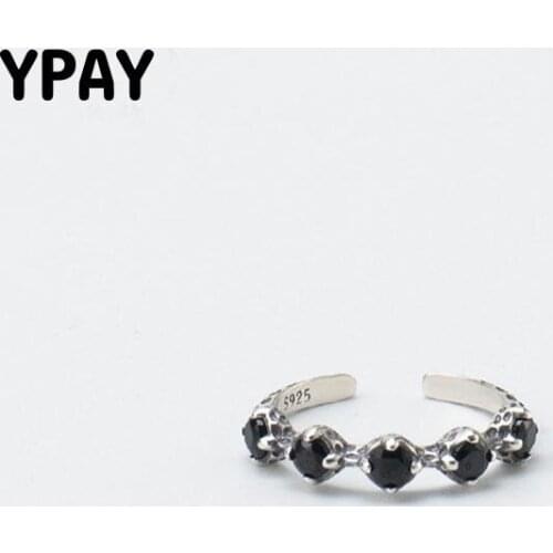 YPAY Genuine 925 Sterling Silver Adjustable Ring Women Vintage Black Round Zircon Rings 2019 Korean Fine Party Jewelry YMR799