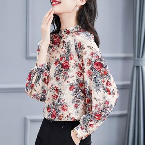 100% Silk Womens Shirt Floral Elegant Blouse Women Long Sleeve Top Female Korean Fashion Spring 2021 Blusas Mujer Pph3723