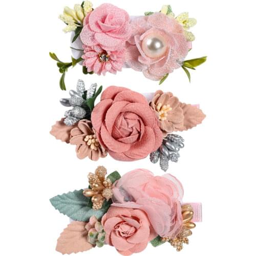 3Pcs 3"Baby Flower Hair Clips Sweet Artificial Floral Mesh Rose Pearl Hairpins For Girls Kids Hairgrips Wedding Hair Accessories