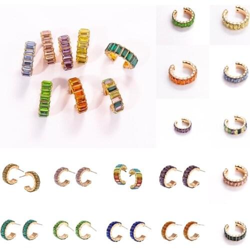 Bohemia Women Ear Cuff C Shaped Earring Geometric Multicolored Crystal Stud Earrings Simple Metal Alloy Earring Vintage Jewelry