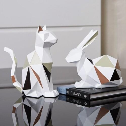 European Figurines Geometric Rabbit Cat Sculpture Resin Cute Animal Statue Office Living Room Furnishings Home Decor Accessories