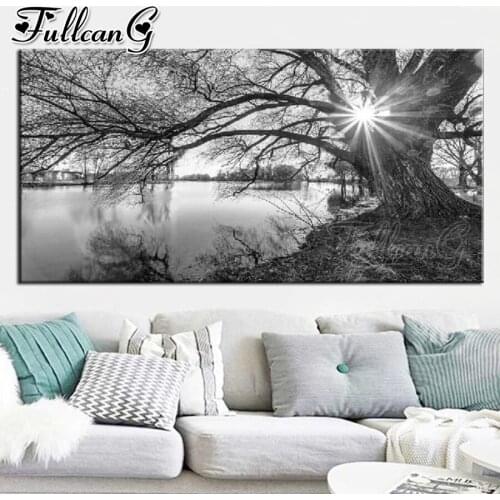 FULLCANG Black and white old trees sunny lake scenery large diamond painting 5d diy full square round mosaic embroidery FC3312