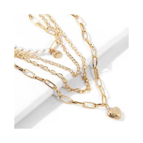 Multi-layer Imitation Pearl Heart Shape Round Coin Pendant Choker Necklace for Women Sweater Chain Punk Thick Bohemian Jewelry