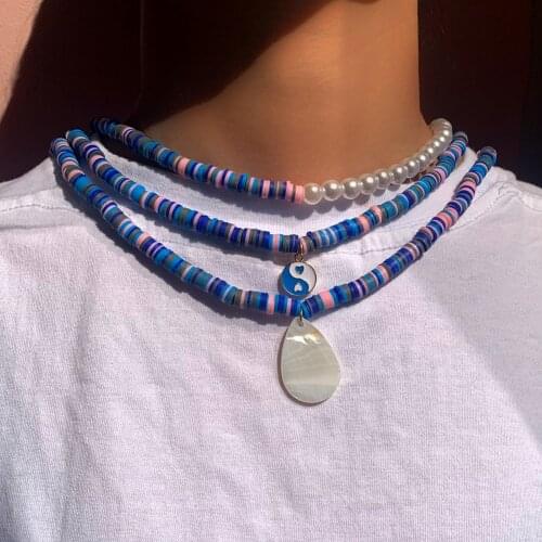 BOHO Blue Double Layer Soft Polymer Clay Beads Choker Necklace Natural Shell Gossip Charm Pearl Soft Pottery Necklaces Asymmetry