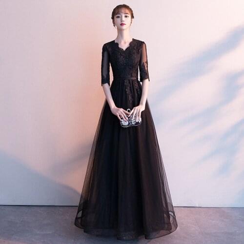Special Occasion Dresses Illusion V-Neck Half Luxury Black Lace Tulle Embroidery A-Line Zipper Floor-Length Lady Prom Gown E1061