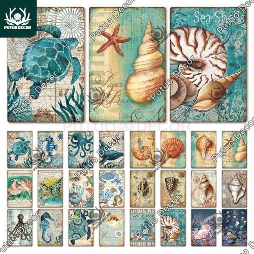 Puruo Decor Marine Animals Tin Sign Vintage Plaque Metal Wall Beach Decor for Beach Bar House Decorative Plate Wall Stickers