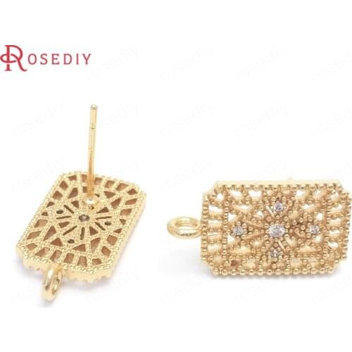 37669)6PCS 15x10MM 24K Gold Color Brass and Zircon Rectangle Shape Stud Earrings Pins Jewelry Making Supplies Diy Accessories