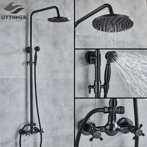 Uythner Black Bronze Bathroom Shower Facuet Mixer Faucet 8" Rain Shower Head with Hand Shower Bathtub Faucet Wall Mounted