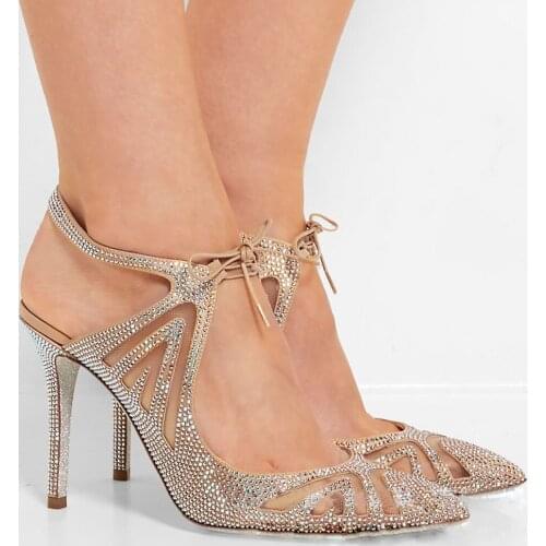 Summer Women Multi Crystal Drilled Mesh Carved Pointed Toe Wedding Pumps Stiletto Heel Thin Heel Summer Party Sandalias Shoes