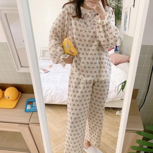 Comfortable soft 100% cotton pajamas set women home suit o neck long sleeve loose top pants 2 piece set sleepwear homewear Y353