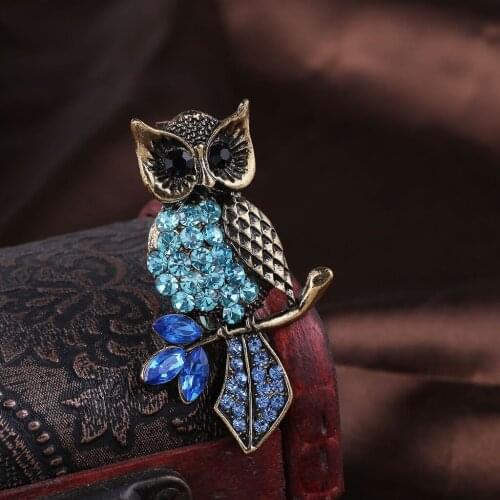 Blesiya Wise Owl Bird Blue Crystal Vintage Animal Brooch Collar Lapel Pin