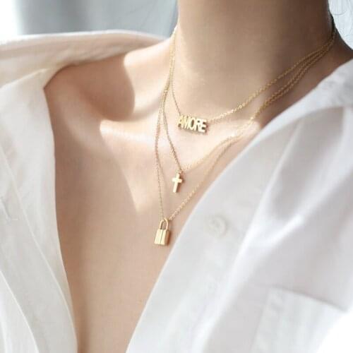YUN RUO 14K Gold Plated 3 Layers Cross Lock Pendant Necklace Woman Fashion Titanium Steel Jewelry Gift Never Fade Hypoallergenic