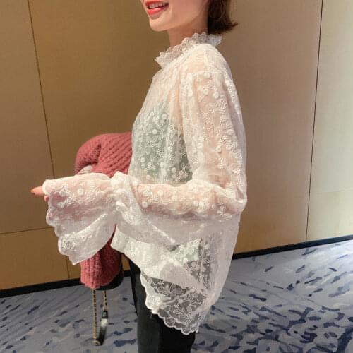 Blouse Women Womens Mesh Lace Shirt Lace-Collared Blouse Autumn and Winter 2020 Blusas Ropa De Mujer