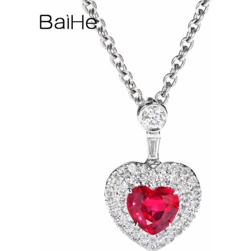 BAIHE Solid 14K White Gold Flawless 0.40ct Heart Natural Ruby Women Trendy Fine Jewelry Wedding Elegant Gift Ruby heart Pendant