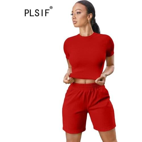 2020 new fashion simple solid color round neck short sleeves crop top and hot short 2 pieces set casual lady fashion tracksuits