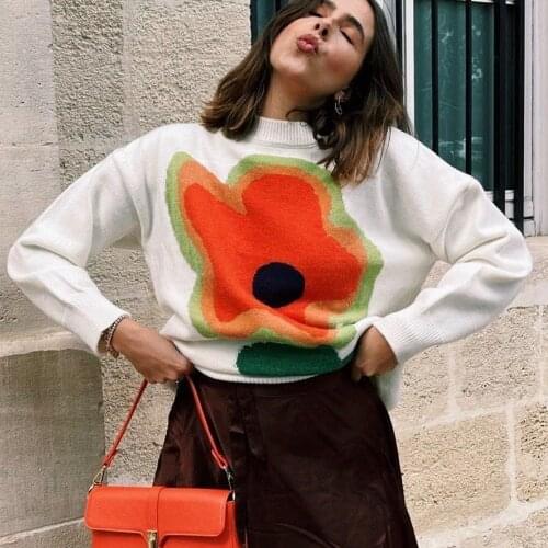 Women Color Block Sweater Adults Loose Flower Pattern Print Round Neck Long Sleeve Pullover Sweaters Tops