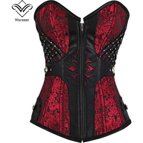 Wechery Women Sexy Vintage Steel Boned Corset Black&Red Stripe Bustier Steampunk Gothic Corsets for Waist Halloween overbust