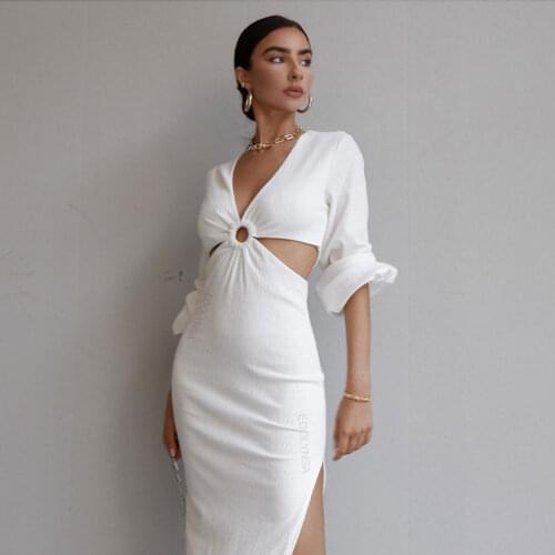 Sexy V-Neck Backless Hollow Out Dress 2021 Autumn Women Lantern Sleeve Club Party Long Maxi Dresses Tunic Beach Cover Up A943