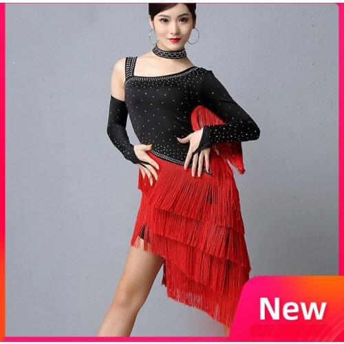 Latin Dance Dress Women Long Sleeve Red Fringe Black Dress Latin Competition Performance Costumes Tango/Samba Dancewear DQL2771