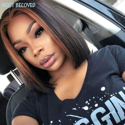 1B/30 Short Bob Peruvian Straight Highlight 13x4x1 Lace Frontal Short Bob Wig Remy Hair Tie Dye Lace Closure Human Hair Wigs