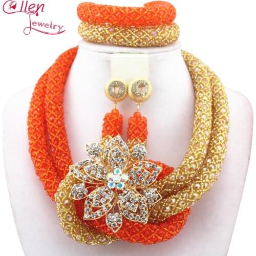 2019 Stylish Yellow Nigerian Wedding African Beads Jewelry Set Handmade Indian Dubai Bridal Necklace Sets Free Shipping W12938