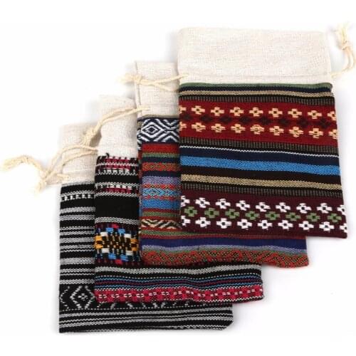 5pcs Top Quality National Styles Stripe Linen Cotton Drawstring Gift Pouch Bag 11x16cm Fit Jewelry Storage Party Candy Supplies