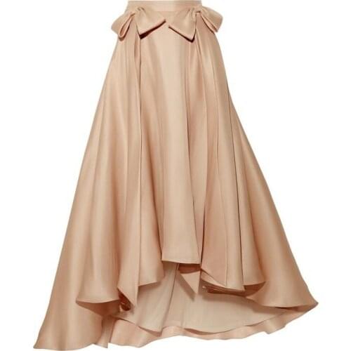 Champagne Satin Skirt Pleated Long Skirt A-Line High Waist Bow High Low Skirt Soft Smooth Silk Office Lady Skirts Women Skirts