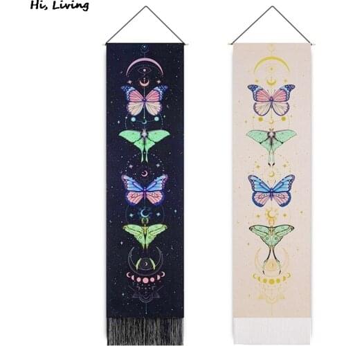 Butterfly Insect Moon Phase Tapestry Scroll Drawing Decor Macrame Tassel Wall Hanging Bedroom Art Background Cloth Tapesry