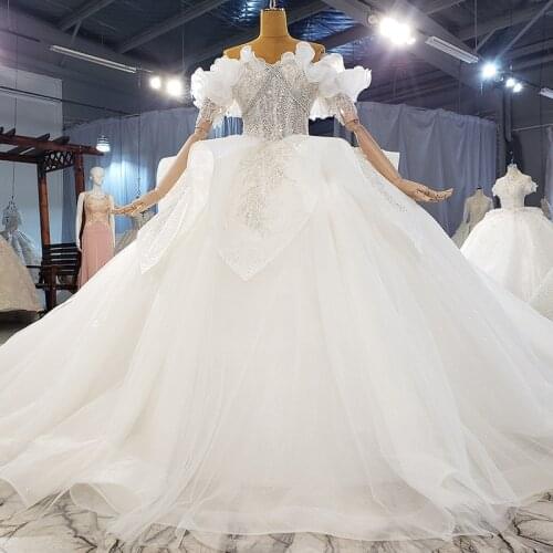 Silver Beading Ball Gown Wedding Dress with 200CM Train Off Shoulder 2021 Wedding Gown Bridal See Through Top Lace Up Back