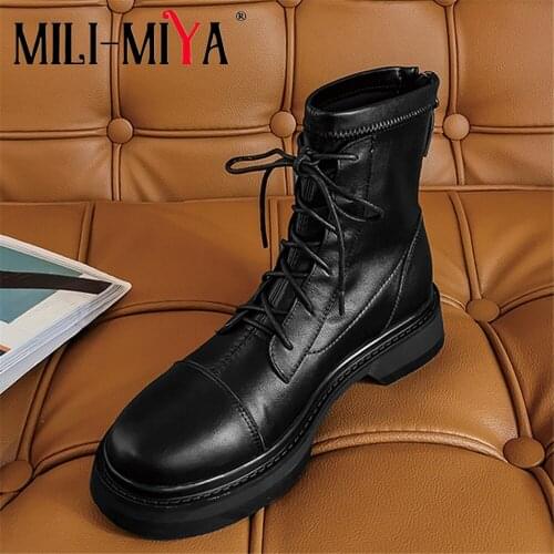 MILI-MIYA Full Genuine Leather Women Casual Ankle Boots Round Toe Square Heels Zipper Slip-On Size 34-40 Comfortable Street Shoe