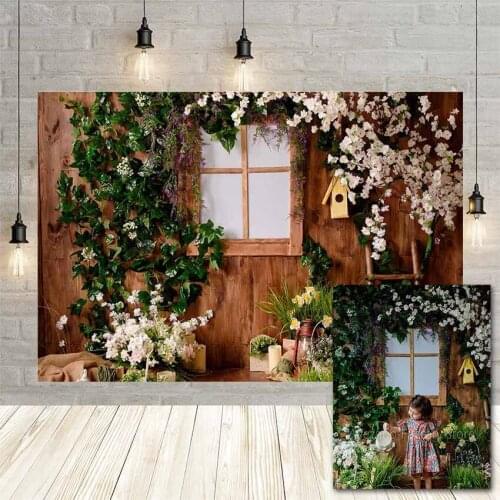 Avezano Background for Photography Spring Green Plants Wood Window Flower Baby Birthday Party Portrait Backdrop Photo Studio
