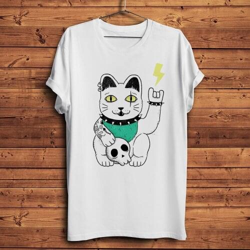 Maneki neko Metal lucky cat funny natural style t shirt Men White Short Sleeve Casual Tshirt Unisex punk Streetwear Tee