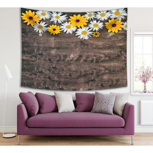 Tapestry Garden Flowers over Dark Wooden Table Natural Country Style Decor Brown Yellow White
