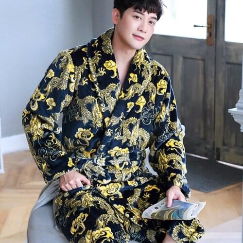 H5953 Men Robe Coral Fleece Bathrobe Flannel Autumn Winter Plus Size Household Male Long Sleeve Warm Thickened Thermal Nightwear