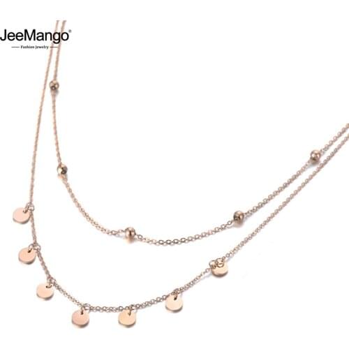 JeeMango Trendy Bohemia Titanium Steel Double Layer Charm Chain Choker Necklace Beach Jewelry Pendant Necklace For Women JN19127