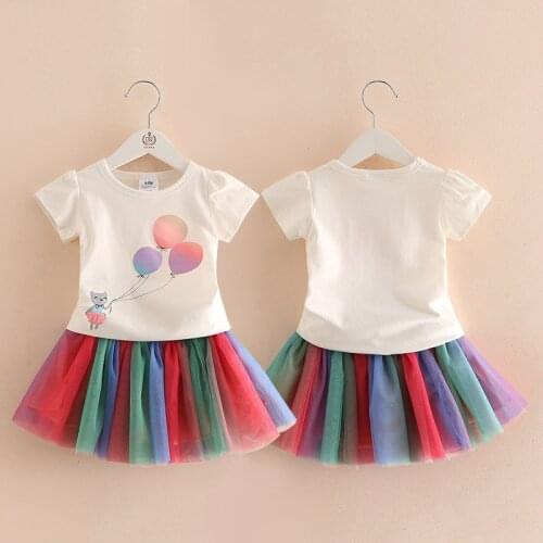 2021 Summer 3 4 6 8 10 Years Kids Girl Party Elegant Princess Cat Balloon T-Shirt+Colorful Rainbow Lace Skirt 2 Piece Dress Sets