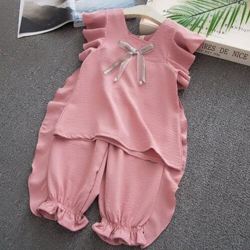 Girls Summer Suit Solid Color Kids Clothes Flying-Sleeve T-Shirt + Ruffle Pants Casual Two-Piece Boutique Children Clothing Sets