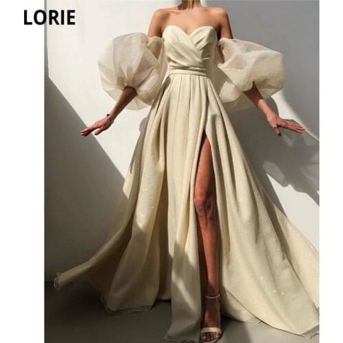 LORIE Shimmer Light Champagne A Line Long Evening Dress Removable Puff Sleeves Sweetheart Pleats Side Slit Formal Prom Gowns