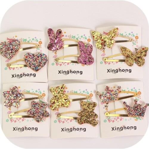 Children Headdress cute shiny paillette hair grip sets for butterfly crown heart star bear pattern clip ornaments hair wearing