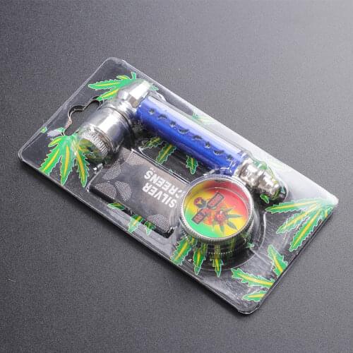 Fashion Metal Smoking Pipes + Mini Grinder+5 Screens+retail Package 4colors Smoking Pipe Smoke 3sets/lot H023