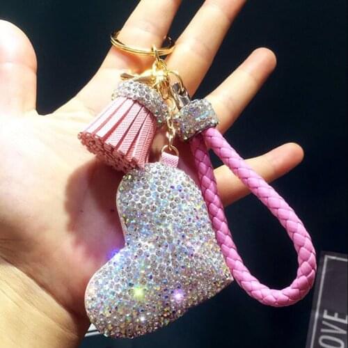 Fashion Cartoon Diamond Crystal Tassel Keychain Handbag Car Keyring Women Diamante Heart Key Buckle Key Chains Jewelry