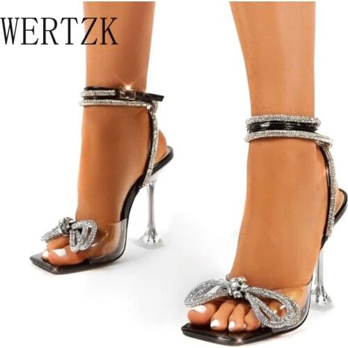 2021 New Crystal Rhinestone Sandals Lace-up High Heeled Slippers Square Toe Sexy Sweet Butterfly Clear Heels Outdoor Stiletto