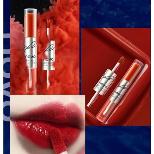 NOVO 2-in-1 Double Head Velvet Solid Coat Matte Lip Gloss Glaze Long Lasting Waterproof Red Lipsticks Cosmetics Lip Tint Makeups