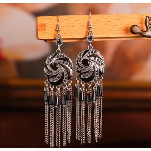 Retro Ethnic Sun Eyes Black Rhinestone Dangle Hanging Earrings For Women 2020 Boho Long Chain Tassel Indian Jhumka Ear Jewelry