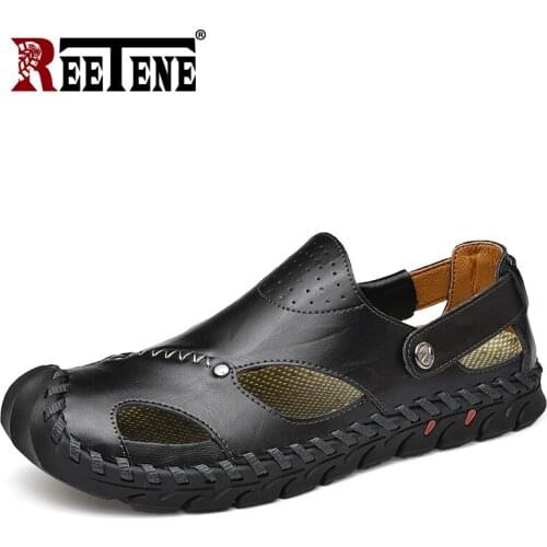 REETENE Summer Breathable Sandals For Men Big Size 48 MenS Leather Sandals Beach Hollow Sandals Male Quality Casual Sandals Men